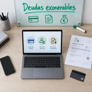Tarjetas de crédito y facturas impagadas sobre una mesa, deudas que pueden exonerarse con la Ley de Segunda Oportunidad