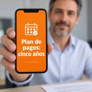 Abogado explicando el plan de pagos de cinco años sobre la mesa de un despacho