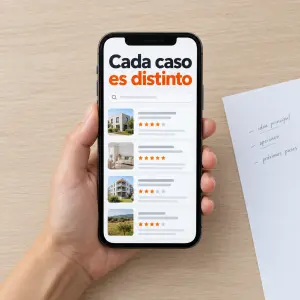 Persona leyendo opiniones sobre la Ley de Segunda Oportunidad en el móvil junto a una carpeta de deudas